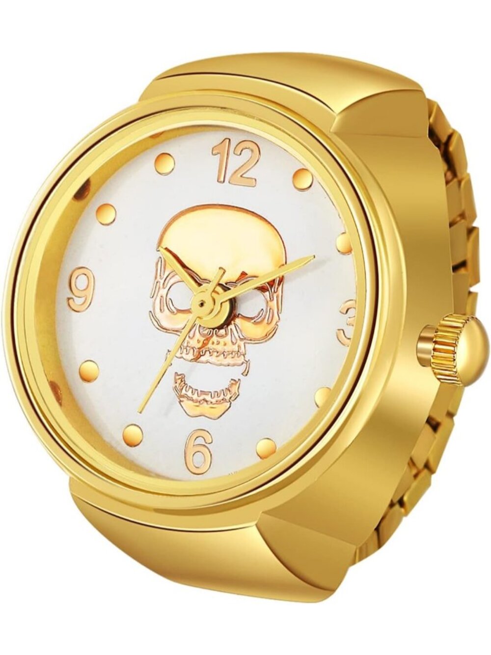 Unisex Gold Analog Quartz Plated Elastic Skull Simple Round Finger Ring Watch